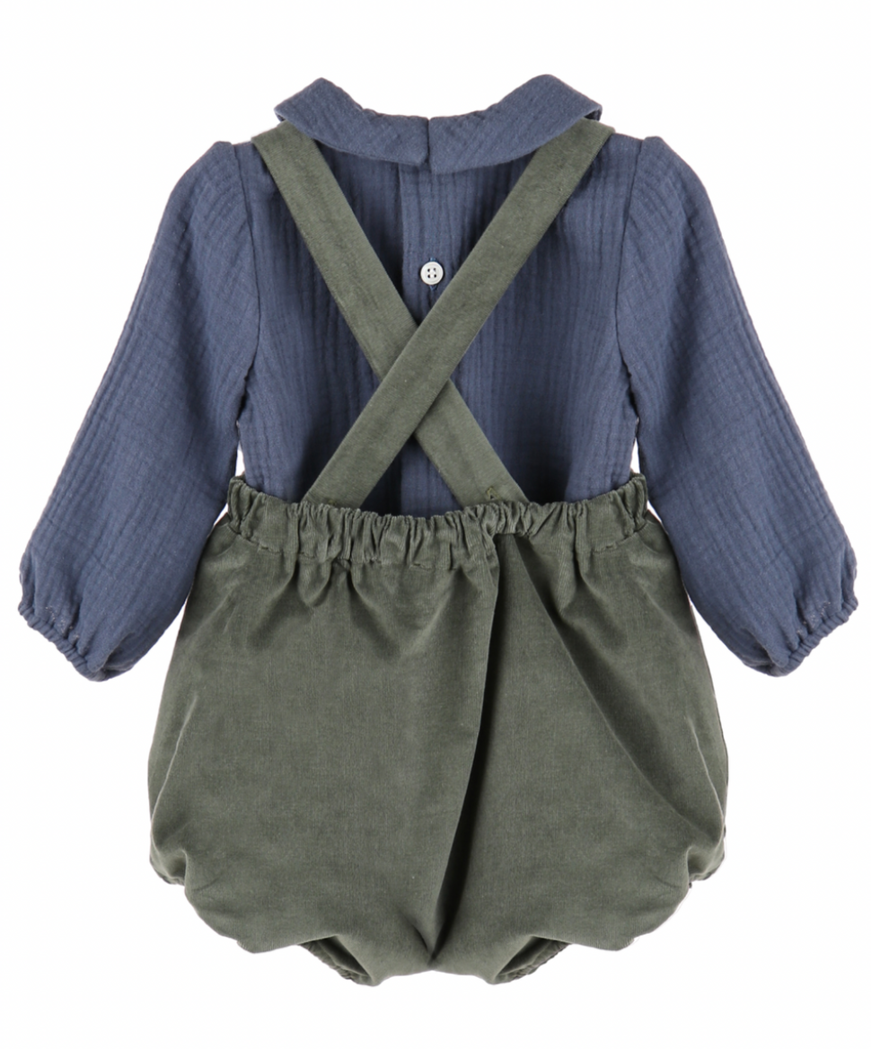 Green Corduroy Overalls w/ Slate Blue Collared Shirt