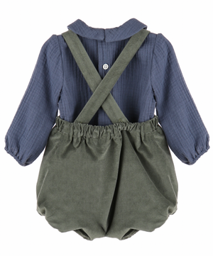 Green Corduroy Overalls w/ Slate Blue Collared Shirt